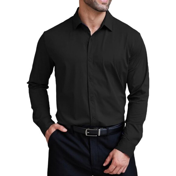 Men's Black Dress Shirts Long Sleeve Wrinkle Free Shirts Regular Fit Button Down - Picture 1 of 6
